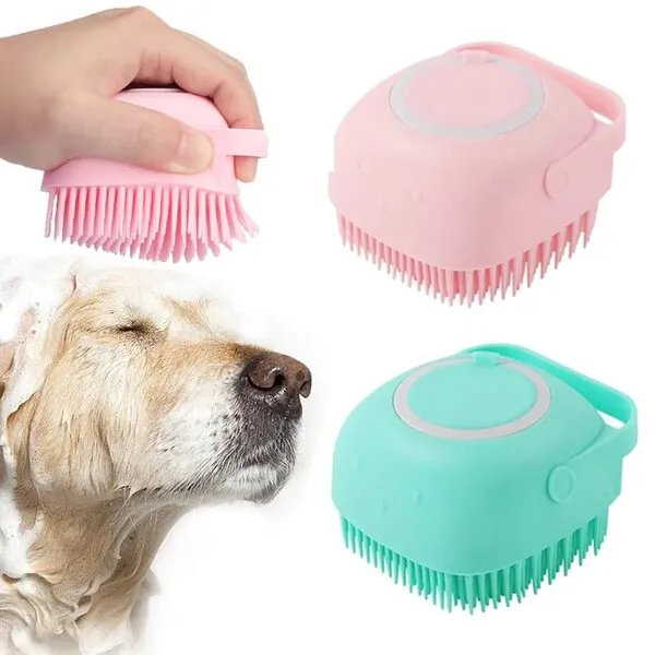 Bath Brush Scrubber Soft Silicone Pet Shower Grooming Shampoo Massage Dispenser For Short Long Haired Dogs And Cats (Blue+Pink)