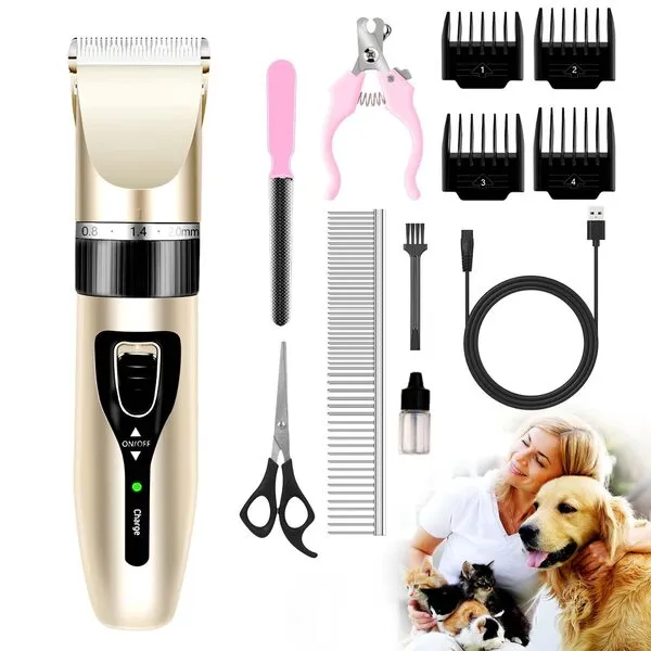 zikillya® Dog Clippers for Grooming,Low Noise Cordless Dog Grooming Kit for Grooming Thick Coats Dog Shears Rechargeable Dog Grooming Clippers for Dogs, Cats and Other Pet Grooming kit (Gold)