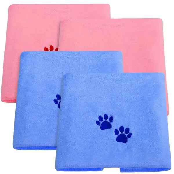 Sudaya 4Pcs Dog Microfiber Drying Towel for Pet Bathing and Grooming, 35In x 20In Machine Washable Absorbent Drying Dog Towel with Embroidered Paw Pattern for Small Medium Dogs Cats