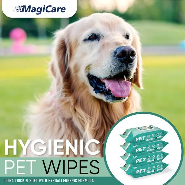 MAGICARE Dog Wipes – 400 pcs Pet Wipes for Body, Ears, Face, and Butt – Made in USA - 8x8 Inch Large Unscented Paw Cleaner Puppy Wipes – Ultra Thick & Soft with Hypoallergenic Formula Cat Wipes