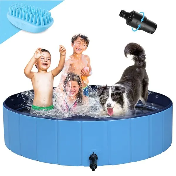 Arlopu Foldable Dog Pool, Non-Slippery Collapsible Swimming Tub, Portable Pet Bathing Pool,Hard PVC Leakproof Water Pool W/Brush&Water Pipe Connector,Indoor Outdoor for Dog, Cat 63''/48''/32‘’