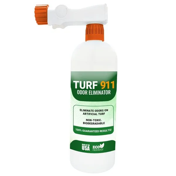 TURF 911 PET ODOR ELIMINATOR FOR ARTIFICIAL TURF. ONE QUART CONCENTRATE DESTROYS URINE ODORS ON ARTIFICIAL TURF, DOG KENNELS, GRAVEL DRIVEWAYS, CONCRETE SURFACES AND WOODEN DECKS. POWERFUL FORMULA GETS THE JOB DONE QUICKLY AND EFFECTIVELY.