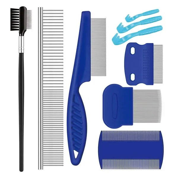 Pet Grooming Comb Kit, Tear Stain Remover Brush, Undercoat Rake for Dogs & Cats, Dematting Tool for Long Haired Dogs Kittens Puppies, Flea Comb for Removal Dandruff Tangles Knots, Shedding Hair & Fur