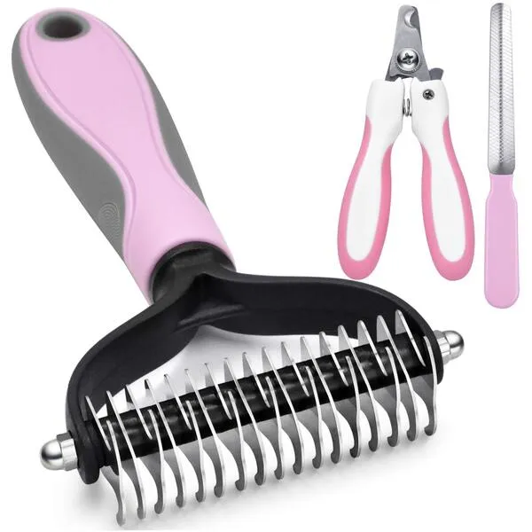 GOESWELL Dog Brush for Shedding Undercoat Rake for Dogs & Cats - Double Sided Brush for Dematting Comb Grooming Tool kit - Nail Clippers & Nail File (Pink(3 Pack))