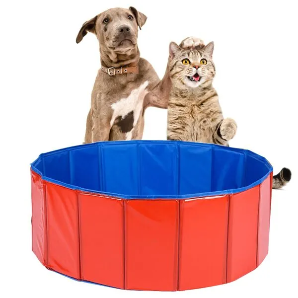 Foldable Dog Pet Pool Small Portable PVC Swimming Pool 24 x 8 Inch Folding Dog Cat Bath Tub Indoor Collapsible Ball Pit for Puppies (Red)