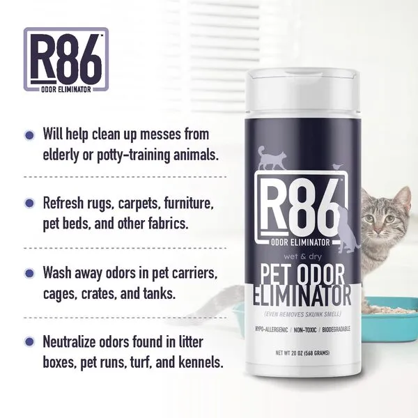 R86 Pet Odor Eliminator – Neutralize Litter Box Odor & Carpet Odor - Remove Air & Fabric Odor. Even Removes Skunk Spray. Safe on Paws, Natural Granular Formula, Use Wet or Dry