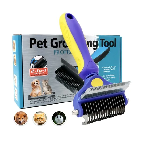 Meren Dog Brush for Shedding,Professional Pet Grooming Tool,2 in 1 Dematting Comb & Undercoat Rake for Long Haired Dogs,Mats & Tangles Removing,Deshedding Tool for Long Haired Cats(L,Blue Yellow).