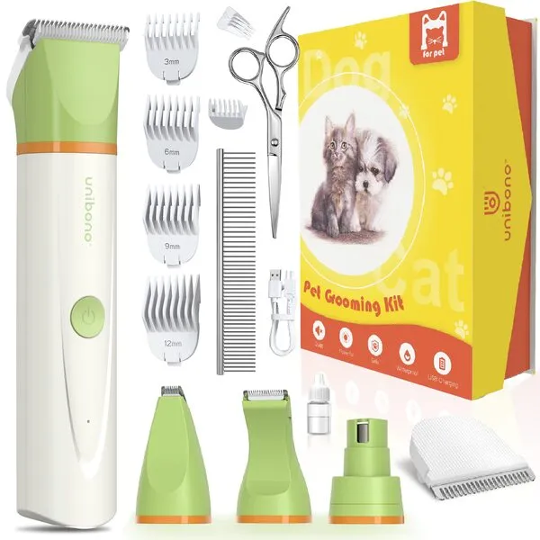 unibono Dog Cat Grooming Kit, All-in-One Low Noise Paw Trimmer Electric Puppy Hair Clippers Rechargeable Cordless IPx7 Waterproof Claw Trimmer Shaver Nail Grinder for Small to Medium Pet