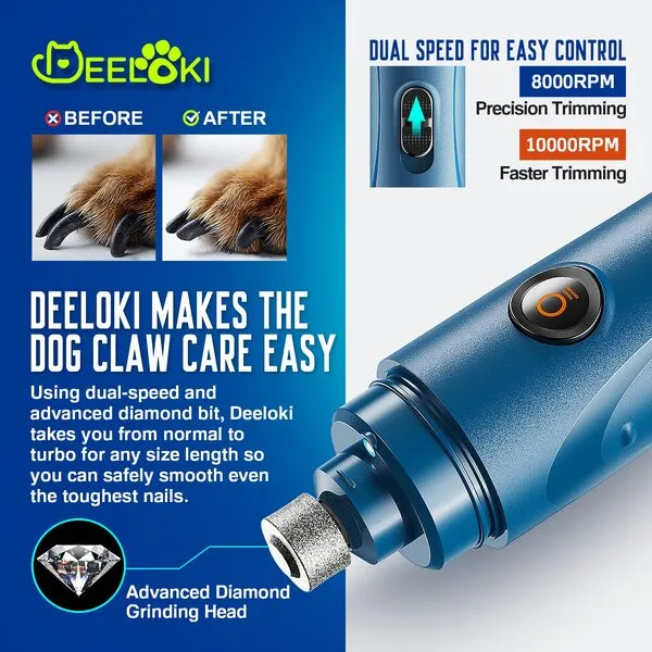 DEELOKI Dog Nail Grinder with LED Light Upgraded 2 Speeds Painless Pet Dog Nail Trimmers and Clipper Super Quiet Best Cat Dog Nail Clipper Kit for Large Small Dogs Pets Cats Breed Paws Quick Grooming