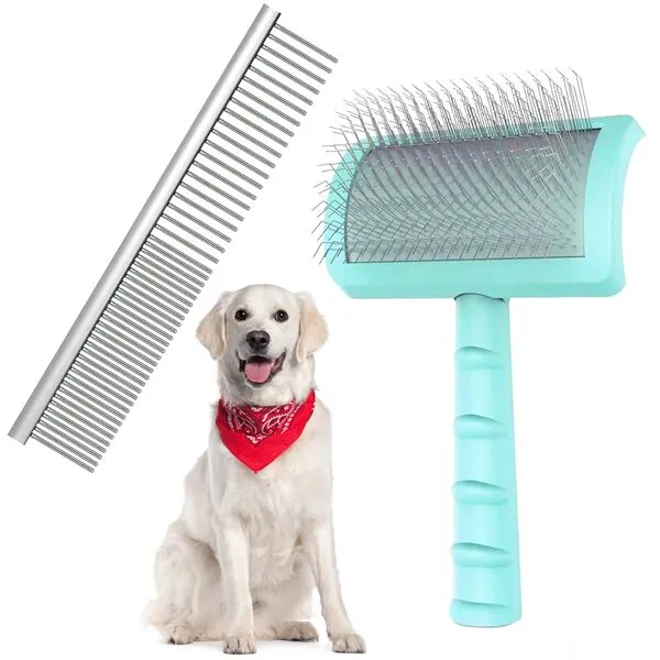 Large Firm Slicker Brush & Pet Comb Value Kit,Extra Long Pin Slicker Brush for Dogs Goldendoodles,Large Dog Pet Grooming Wire Brush and Deshedding,Removes Long and loose Hair & Undercoat ,25mm(1