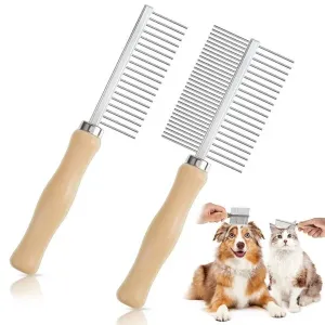 2 Pcs Dog Metal Combs Cat Wooden Handle Grooming Comb Stainless Steel Cat Comb Double Side Metal Comb for Dogs Pet Dog Grooming Brush Pet Hair Brush Cat Flea Comb for Long Short Hair Fur Brush Tool