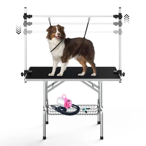 Lyromix Dog Grooming Table, Adjustable Large Pet Drying Desktop, Foldable Bathing Desk with Arms, Noose, Mesh Tray, Maximum Capacity Up to 330Lb, 46in, Dark Black