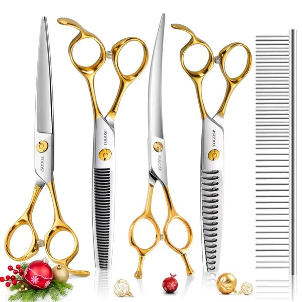 FOGOSP Dog Grooming Scissors Kit 4pcs 7 inch Professional Dog Grooming Shears Set Curved Thinning Straight Chunkers for Dogs Cat Pets (7 in Kit, Gold)