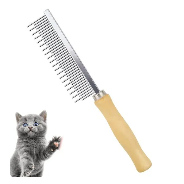 Dog Cat Comb Grooming Comb with Wooden Handle Stainless Steel Teeth, Dog Cat Grooming Supplies Accessories Perfect for Honghair Hairy Pets (Dual Teeth)