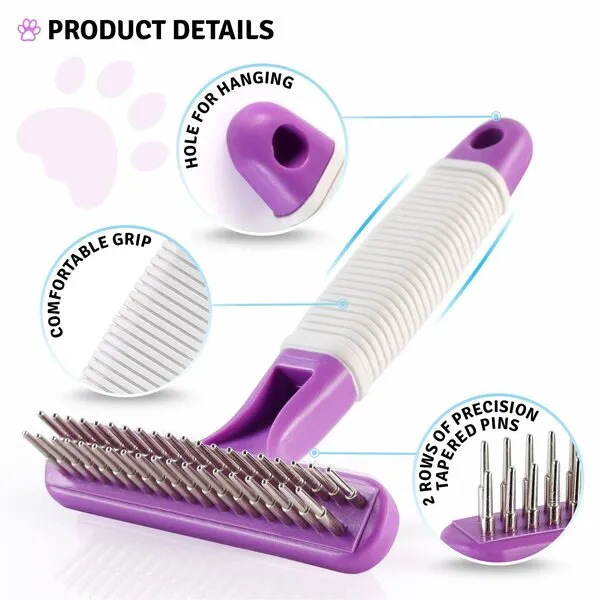 Detangling Pet Comb with Long & Short Stainless Steel Teeth for Removing Matted Fur, Knots & Tangles (Grooming Comb) and Dog Grooming Rake - Dematting Tool with Stainless Steel Shedding Comb Bundle