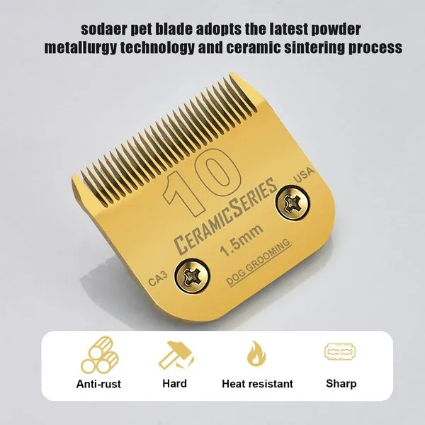 10 Clipper Blade Dog Grooming Compatible with Andis Clippers Carbon Infused Steel Detachable Ceramic Sharp Edge Also Compatible with Wahl Compatible with Oster Dog Clippers1/16 1.5mm Cut Length,Gold