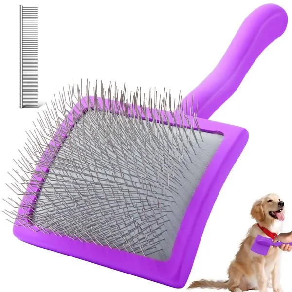 Pet Slicker Brush for Medium or Long Haired Dogs and Cats, Extra Long Pin Slicker Brush for Removes Loose Hair, Tangles, Knots, Best Grooming Brush for Professional Pet Groomers, Free Dog Comb, Large