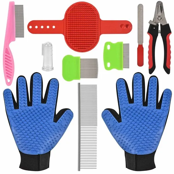 10 Pieces Pet Grooming Brush and Combs Set, Pet Grooming Gloves, 2-in-1 Steel Combs for Dogs and Cats, Metal Flea Comb for Cats, Dog Nail Trimmer, Dog Finger Toothbrush