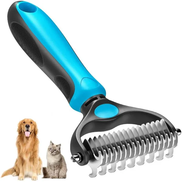 Pet Grooming Brush, Double Sided Shedding and Dematting Undercoat Rake Comb for Dogs & Cats, Tools for Mats & Tangles Removing, Safe, Effective, Extra Wide, Comfort