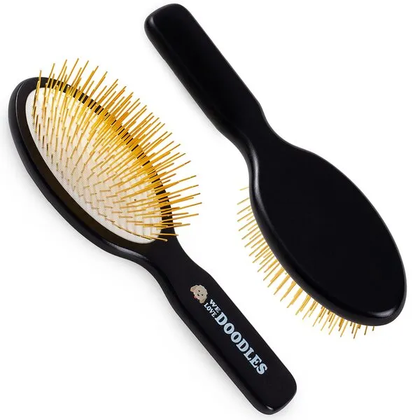 Pet Grooming Detangler Pin Dog Brush For Shedding and Removing Loose Fur, Lightweight Beech Wood with Gold Plated Pins for Long Hair [We Love Doodles]