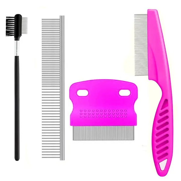 4 Pcs Pet Grooming Kit for Small Long and Short Haired Dog Cat and Puppy, Flea Comb For Dogs and Cats Pet Lice Comb, Tear Stain Remover Comb,with Fine-Toothed to Remove Knots Crust and Mucus (Pink)