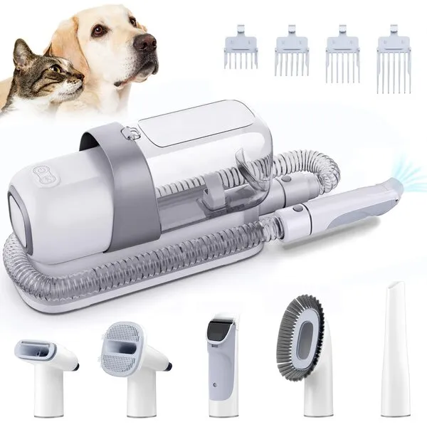 LMVVC Dog Grooming Kit Low Noise, Pet Grooming Clippers 2.3L Vacuum Suction 99% Pet Hair with 5 Tools for Dog Cat for Shedding Grooming (Grey & White)