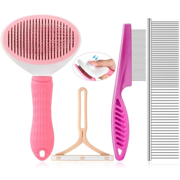 4 Pcs Dog Comb Kit Cat Brush for Shedding and Grooming with Cat Hair Comb Stainless Steel Cat Flea Lice Grooming Combs with Rounded Teeth PET Hair Remover for Small Medium Large Pets Furniture