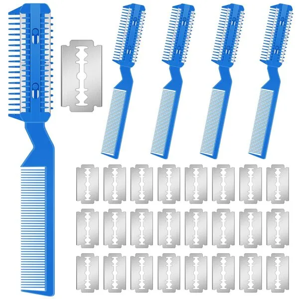 5 Pieces Razor Comb for Dogs Hair Grooming Trimmer Comb for Pet Razor Comb with 25 Extra Blades Manual Dog Hair Trimmer Comb Double Edge Razor for Dogs (Blue)