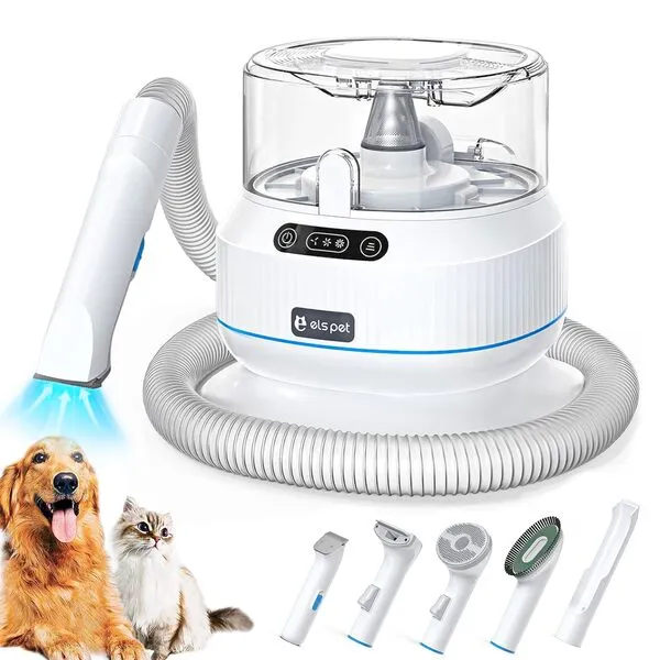 ELS PET Dog Grooming Vacuum Kit: 5-in-1 Pet Hair Clippers with Vacuum Suction 99.9%, Dog Hair Brush Tools for Shedding with 1.4L Extra Large Dust Cup, Ultra Quiet for Cats & Dogs and Home Cleaning