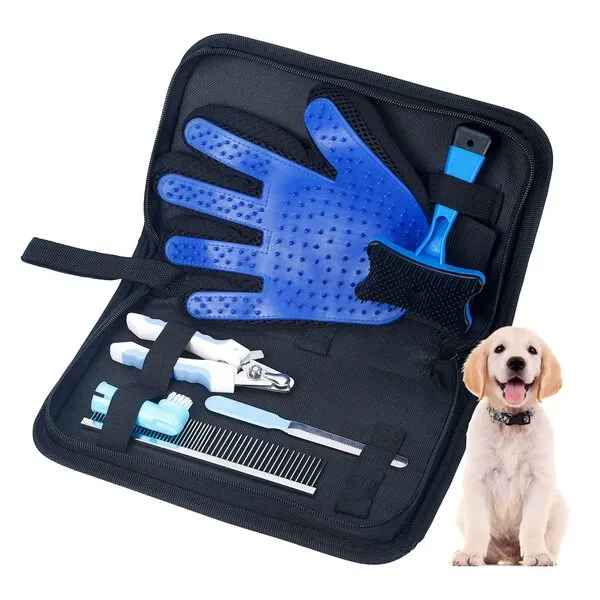 HEY FOLY Dog Grooming Kit Portable Storage Bagincluding Flea Comb Dog Nail Trimmers Shedding Gloves Hair Removal Gloves Grooming Inline Comb Finger Brush Head 6-Piece Set for Dogs,Cats and Other Pets