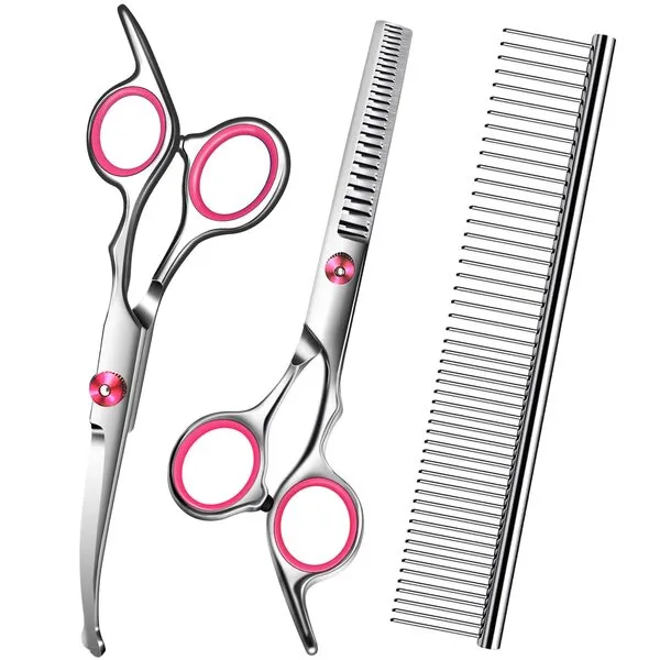 Pink Dog Grooming Scissors with Safety Round Tip,Pet Grooming Kit,Dog Shears Set,Incude Thinning,Curved Grooming Scissors and Comb for dogs, cats.Suitable for The Right Hand