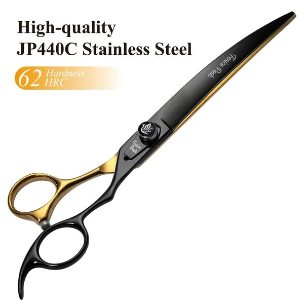 Fenice Peak 8'' Black Dog Grooming Scissors Goldern Curved Scissors with Ergonomic Offest Handle and Pattern Screw Pet Grooming Trimming Shears Durable and Sharp 440C