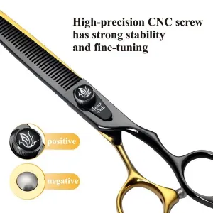 Fenice Peak 7\'\' Black Dog Grooming Scissors Goldern Thinning Dog Blending Scissors with Ergonomic Offest Handle and Pattern Screw Pet Grooming Thinner Blender Shears Durable and Sharp 440C