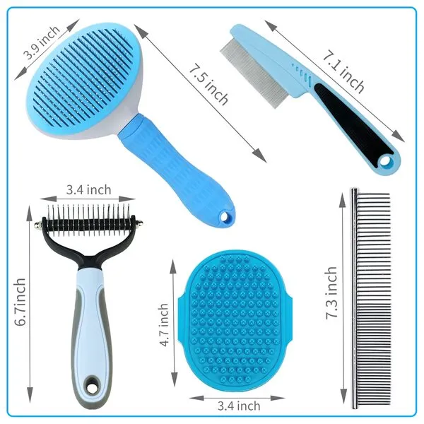 Dog Brush Kit 5 In 1 Grooming Comb - Dog Brush Shedding Short Haired Dogs, Dog Grooming Kit for Small Dogs, Dog Dematting Comb and Dematting Rake Set Blue