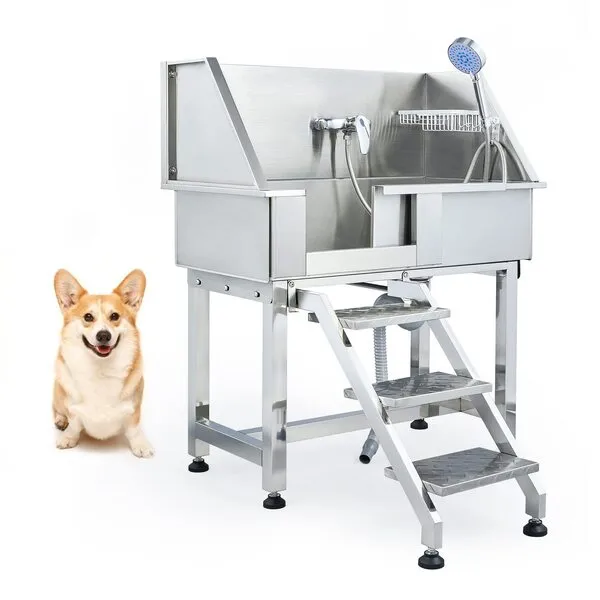 SNUGENS 34 Inch Dog Bathing Station, Professional Dog Washing Station for Home Dog Grooming, Stainless Steel Elevated Bathtub for Pet Shop Salon Vet Kennel with Hose Steps Faucet Drain, 175lb Cap