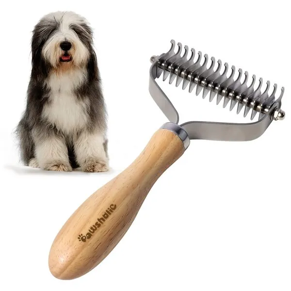 Professional Pet Shedding Dematting Comb - PAWSHOLIC Undercoat Rake for Dogs with Wood Handle, Deshedding Undercoat Brushes with Stainless Steel Blades for Pet Cats & Dogs Matted Hair & Tangles Removing, All Hair Type (Double Sides)