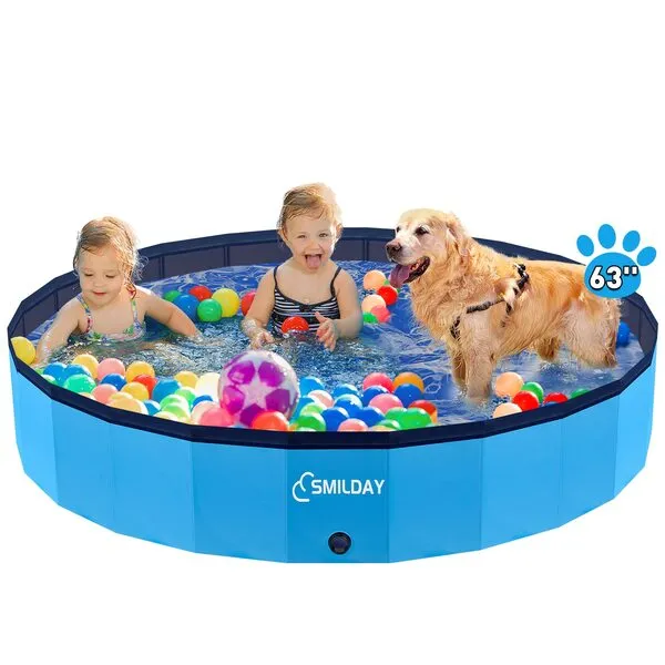 SmilDay Dog Pool, Foldable Portable Swimming Pool, Hard Plastic Bathing Tub for Pets Dogs and Cats, Slip-Resistant Kiddie Pool for Backyard (Blue 63''D× 12''H)