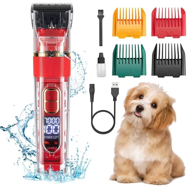 VIWIK Dog Grooming Kit, Low Noise Professional Dog Grooming Clippers, Dog Hair Trimmer, Rechargeable Cordless Pet Shaver with Stainless Steel Blad, Waterproof Pet Hair Clippers Tools for Dogs Cats Red