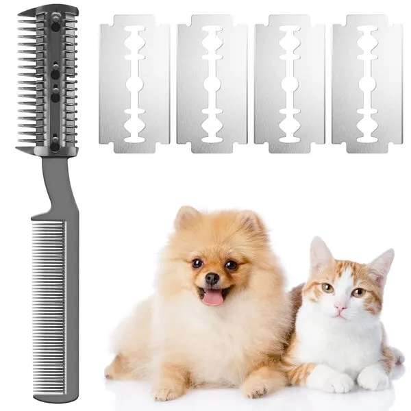 Razor Comb for Dogs Cats with 4 Pcs Extra Blades, Pet Razor Comb 2 in 1 | Trimming & Grooming, Dog Cat Brush that Cuts Hair, Hair Cutter Comb for Dog Cat, Pet Hair Trimmer Grooming Comb for Dog Cat