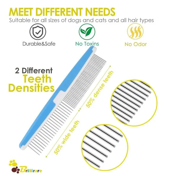 Brillirare 2 Pack Dog Combs, 2-in-1 Stainless Steel Cat Grooming Comb with Rounded Teeth, Professional Pet Dematting Tool, Prevents Knots and Mats for Small, Medium & Large Pets with Long & Short Hair, 7.5in