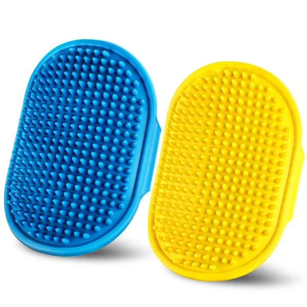 Dog bath brush DSOE dog shmpoo brush massage brush of dog cleaning and beauty set 2 pcs (Tapered brush head, Blue+Yellow)