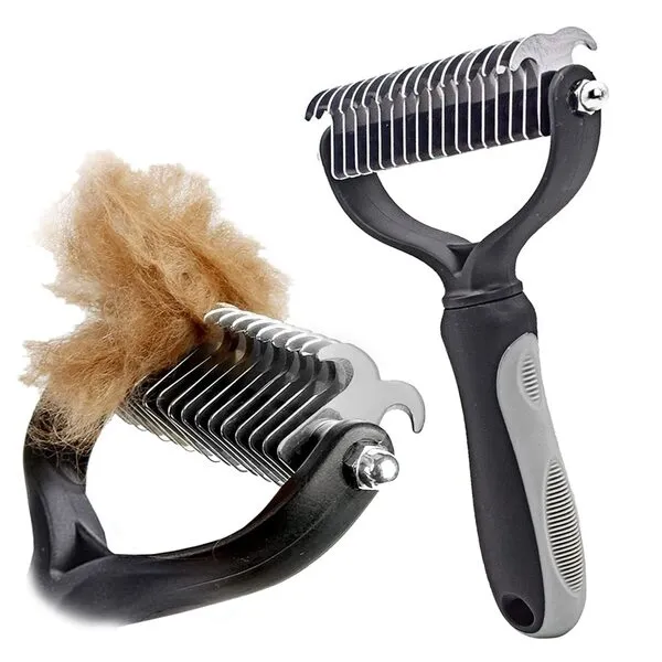 Pet Grooming Brush - Double Sided Shedding and Dematting Undercoat Rake Comb for Dogs and Cats, Dog Grooming Brush, Dog Shedding Brush