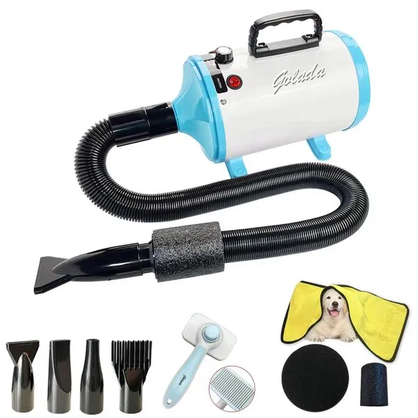 GOLADA Dog Dryer,4.3HP/3200W Pet Grooming Hair Dryer - Dog Hair Dryer with Adjustable Temperature and Speed for Pet Grooming，with Pet Brush, Pet Towel, 4 Different Nozzles.(White Blue)