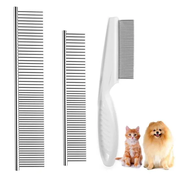 TanDraji Dog Combs for Grooming, Metal Dog Comb and Flea Comb with Rounded Teeth for Removing Tangles and Knots for Long and Short Haired Dogs and Cats (stainless steel)