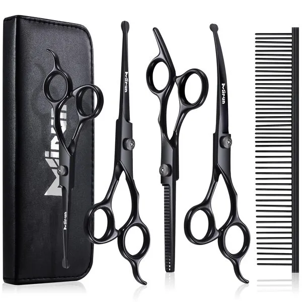 Dog Grooming Scissors Kit Professional,Titanium-plated Stainless Steel Dog Scissors for Grooming Face and Paws with Safety Round Tip,Grooming Scissors for Dogs & Cats,Curved Scissors for Dog Grooming