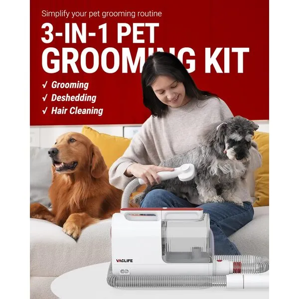 VacLife Pet Hair Vacuum for Shedding Grooming with Dog Clipper - Multipurpose Dog Grooming Kit with Brushes and Other Grooming Tools for Dogs and Cats - Low-Noise - White and Red (VL776)