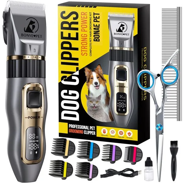 Dog Clippers, Dog Grooming Kit Cordless Noiseless Dog Grooming Clippers Professional Rechargeable Dog Trimmer Electric Hair Clippers for Thick Coats Pets Dogs Cats