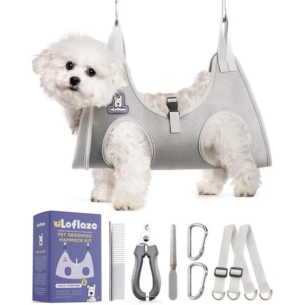 Loflaze Dog Grooming Hammock Harness for Dogs & Cats with Pet Nail Clipper Trimmer - Cat Hanger Sling for Trimming Clipping Nails- Dog Hammock Restraint Bag for Small Medium Large Dog （ Grey S ）