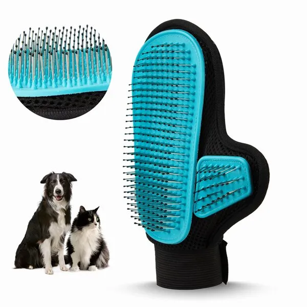 Beenefits 2023 Pet Grooming Gloves with Tipped Pin Brush,Special Design Deshedding Glove - Massage Mitt - Perfect for Dogs & Cats with Long & Short Fur - Right-Hand -Blue