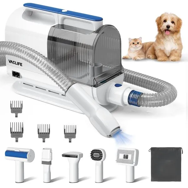 VacLife Pet Hair Vacuum for Shedding Grooming with Dog Clipper - Multipurpose Dog Grooming Kit with Brushes and Other Grooming Tools for Dogs and Cats - Low-Noise - Blue (VL776)